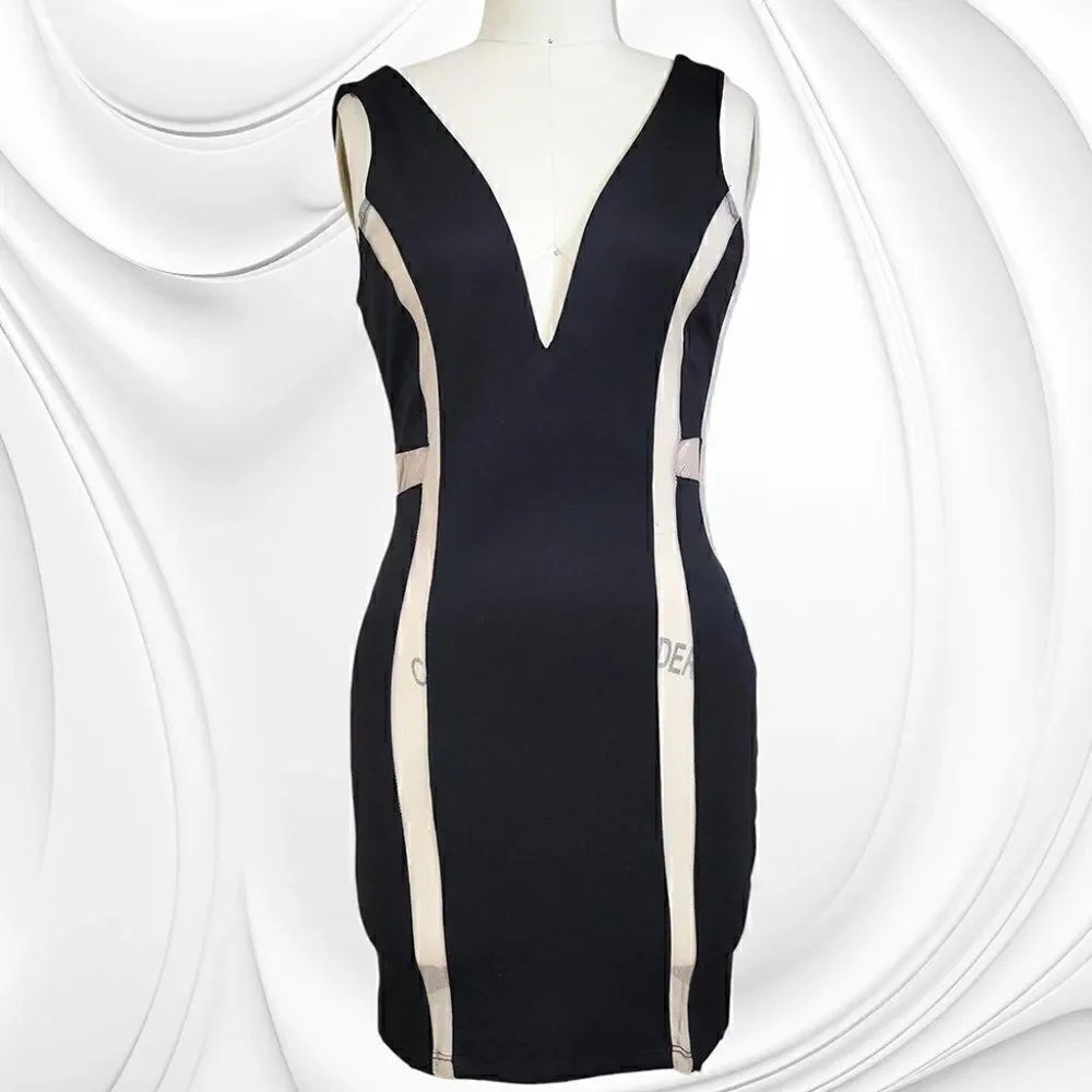 Solemio black nude-color sheer accents deep plunge dress